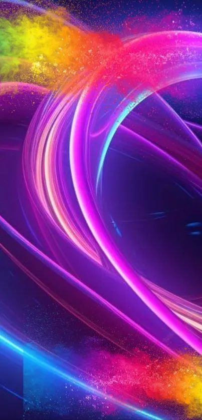 Vibrant neon swirl wallpaper with dynamic colors on mobile.