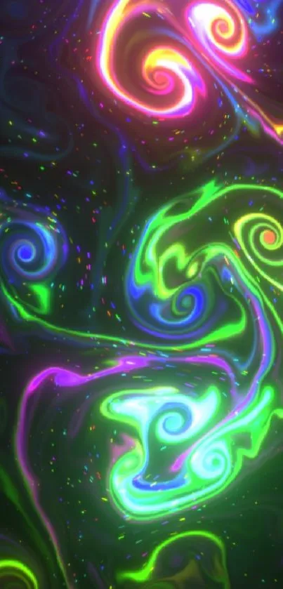 Colorful neon swirls on a dark background wallpaper.