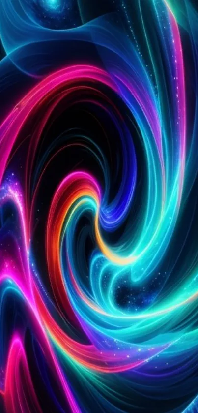 Abstract neon swirl wallpaper with vibrant blues and pinks.