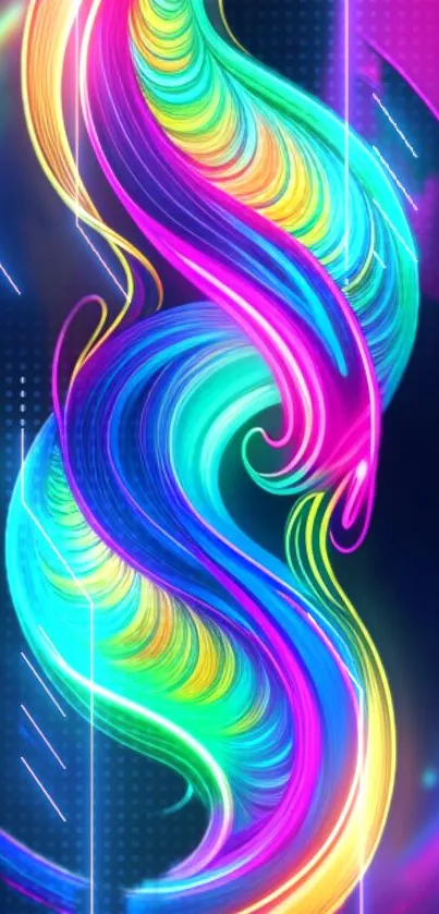 Vibrant neon swirl wallpaper with colorful waves and glowing lines.