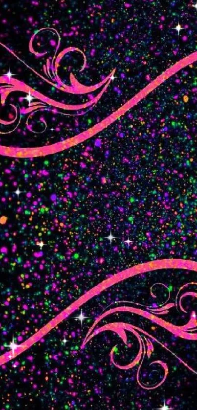 Vibrant neon swirl design with colorful dots on dark background wallpaper.