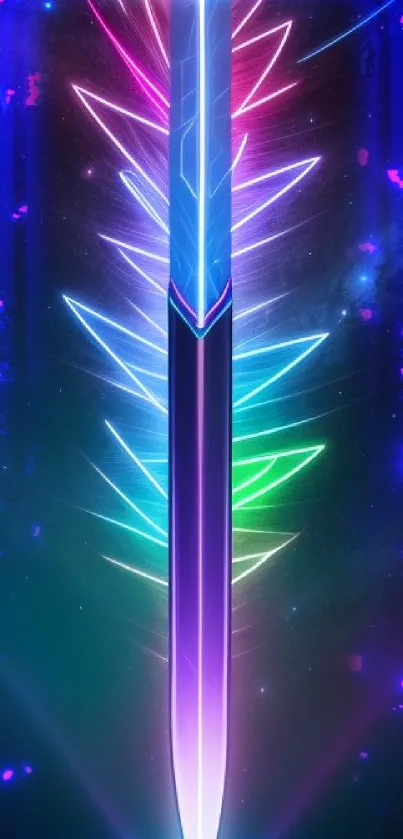 Futuristic neon sword with colorful lights and cosmic background.