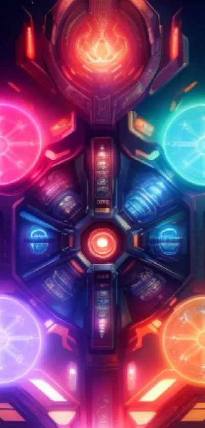 Vibrant neon tech art wallpaper with colorful discs and a cyber theme.