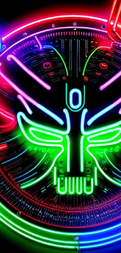 Futuristic neon mask wallpaper with vibrant tech design.