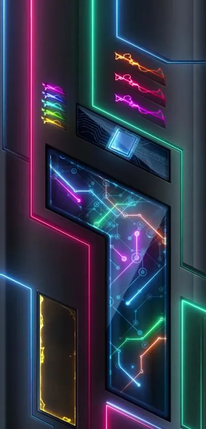 Futuristic neon tech wallpaper with glowing lines and vibrant colors.