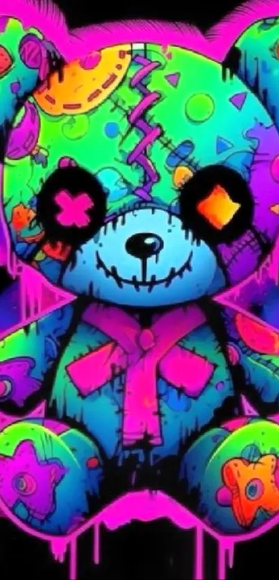 Vibrant neon teddy bear graffiti wallpaper, colorful and artistic design.