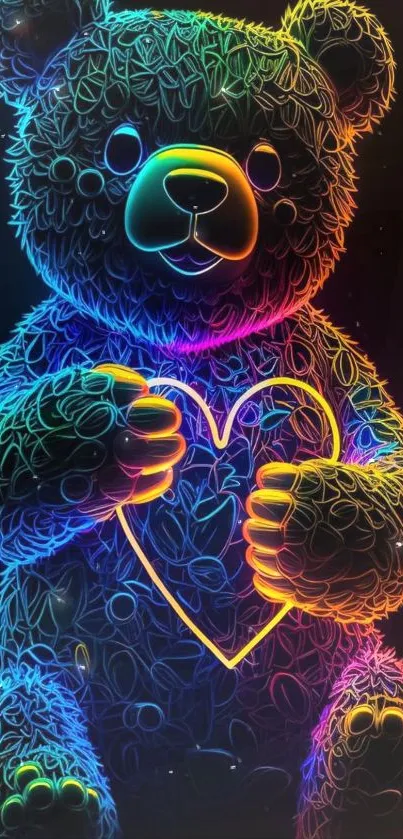 Vibrant neon teddy bear with heart design on black background.