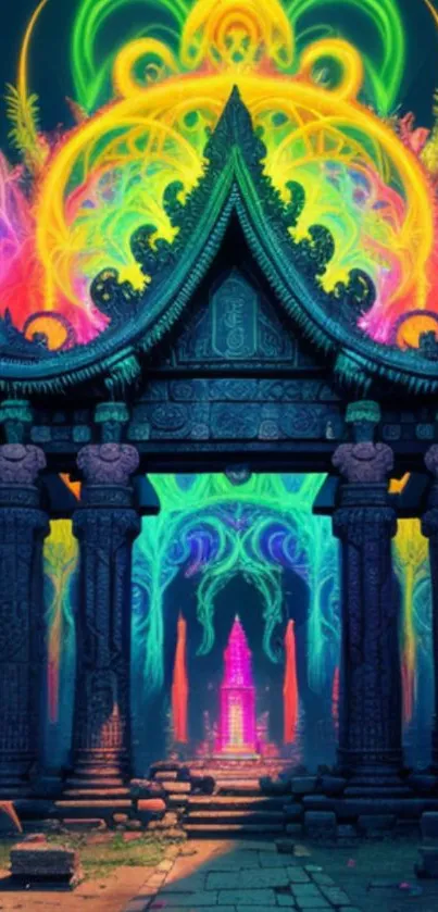 Vibrant neon temple with psychedelic art and colors in a mystical design.