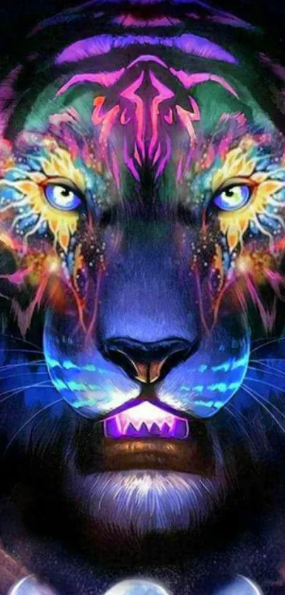 Neon tiger with vibrant colors and glowing celestial elements.