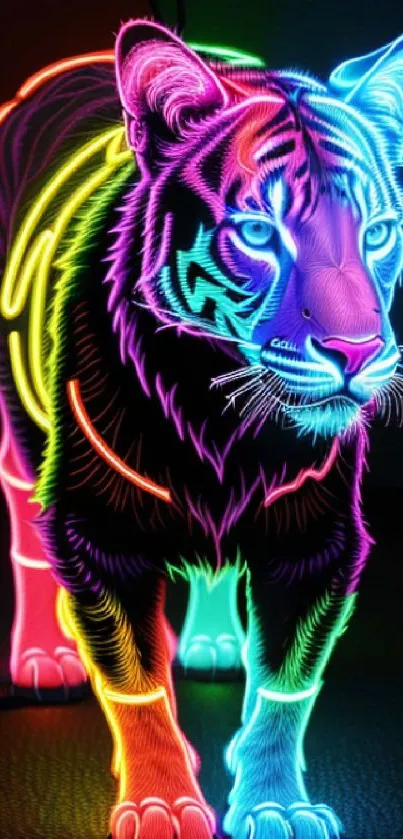 Vibrant neon tiger in colorful digital art on a mobile wallpaper background.