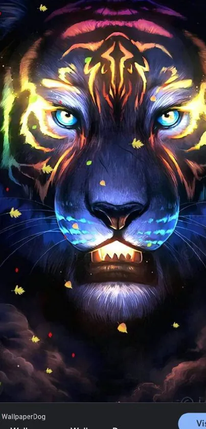 Vibrant neon tiger artwork on dark backdrop.