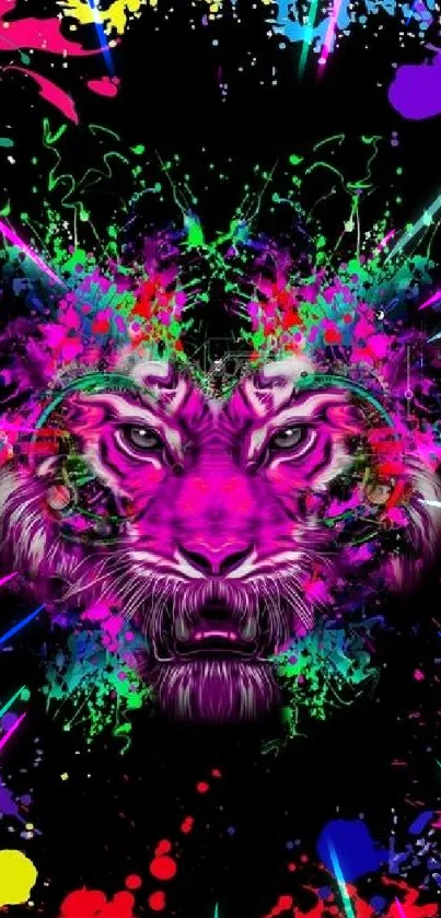 Vibrant neon tiger with colorful splashes on a dark background.