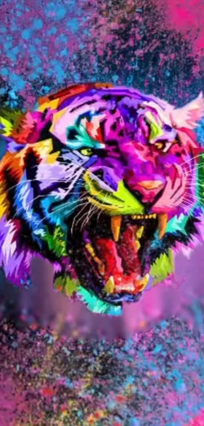 Vibrant neon tiger art with pink and colorful accents.