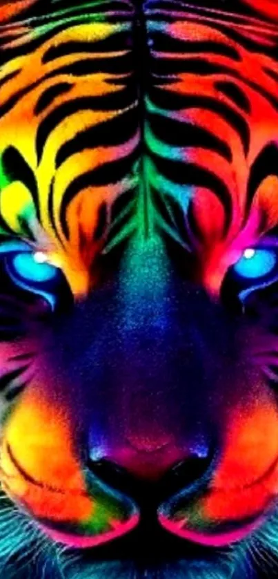 Vibrant neon tiger face with dazzling colors on dark background.