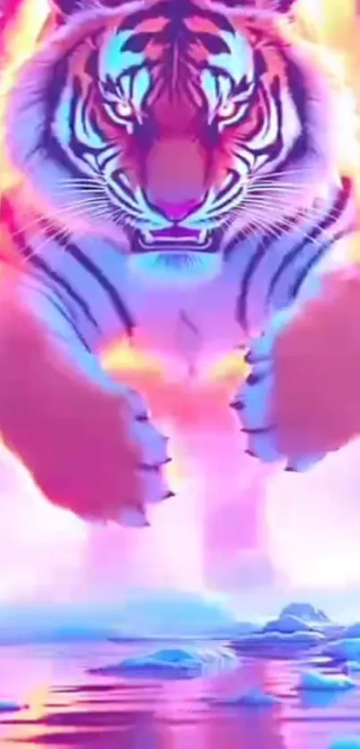 Ethereal neon tiger leaps through colorful landscape.