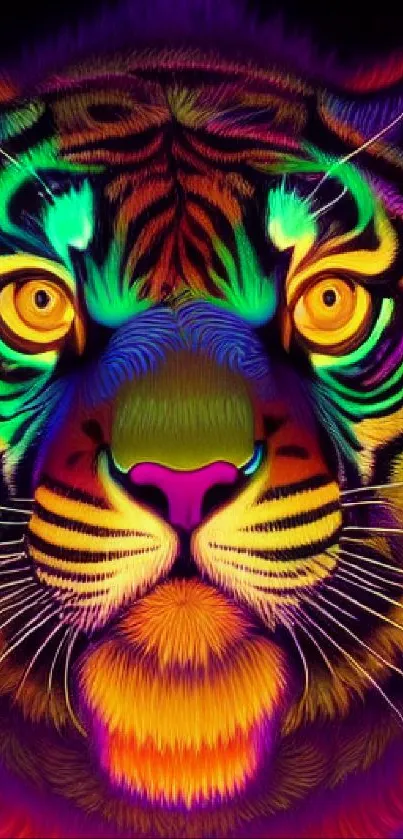 Vibrant neon tiger with psychedelic colors on a mobile wallpaper.