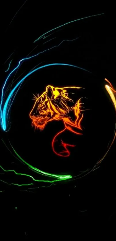 Neon tiger with vibrant colors on black background, perfect for mobile wallpaper.