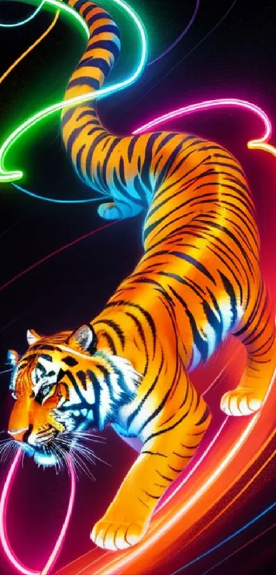 Colorful neon tiger on a vibrant, dynamic background.