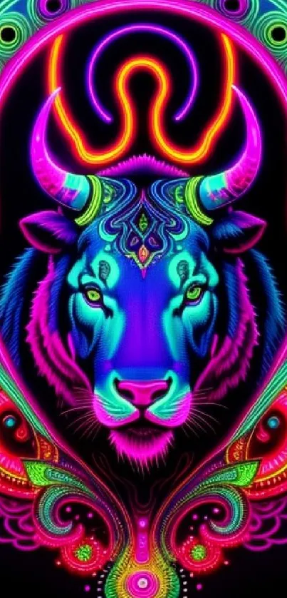 Vibrant neon tiger design with psychedelic patterns and colorful highlights.