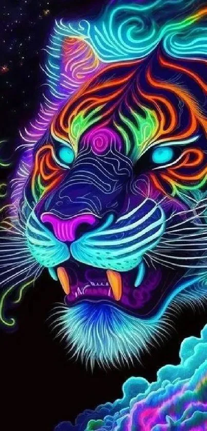 Vibrant neon tiger with a cosmic backdrop, perfect for mobile wallpaper.