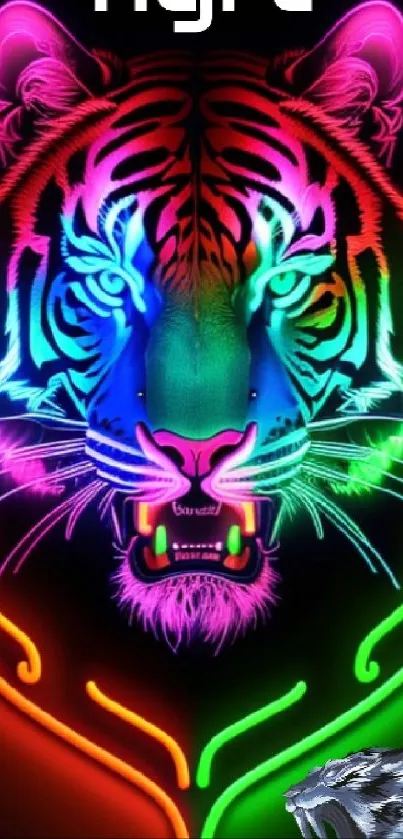 Vibrant neon tiger design on a black background with artistic flair.