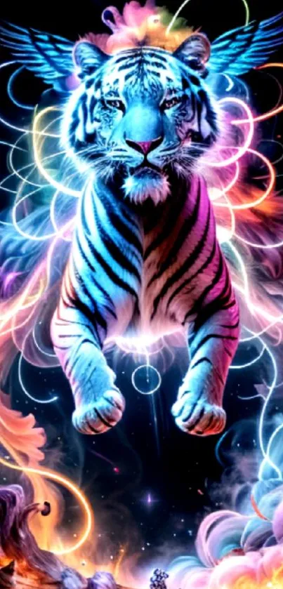 Vibrant neon tiger with mystical aura in digital artwork wallpaper.