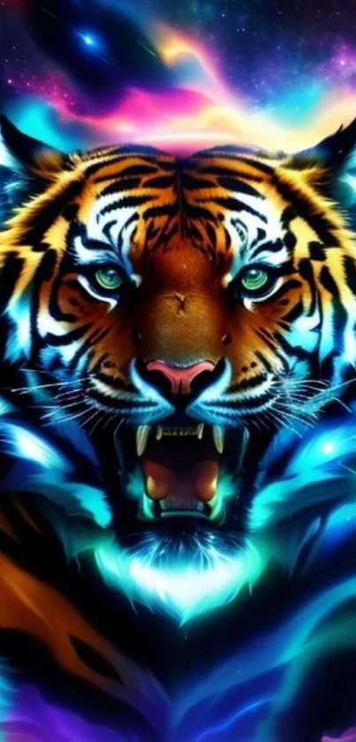 Vibrant neon tiger against a galaxy backdrop.