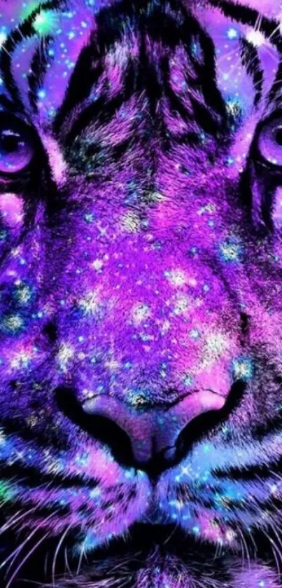 Vibrant neon tiger design with striking purple hues for mobile wallpaper.