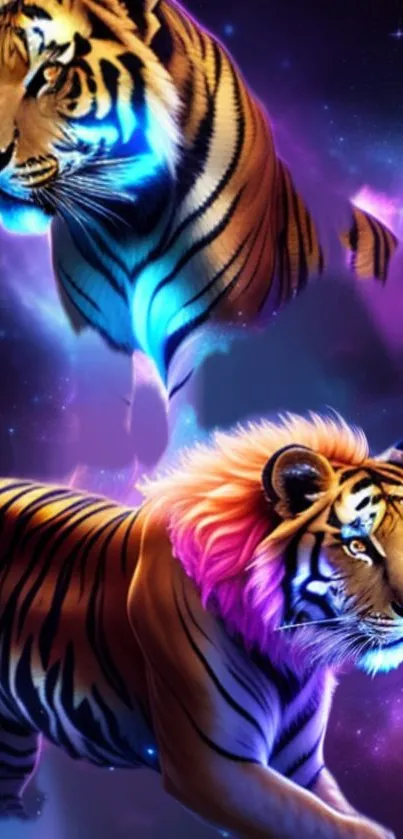 Neon tigers in a vivid cosmic background.