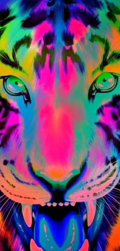 Vibrant neon tiger face wallpaper art.