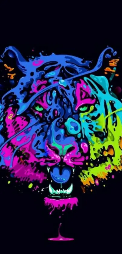 Vibrant tiger splash art with colorful hues on a black background.