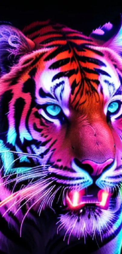 A vibrant neon tiger with glowing stripes on a dark background.