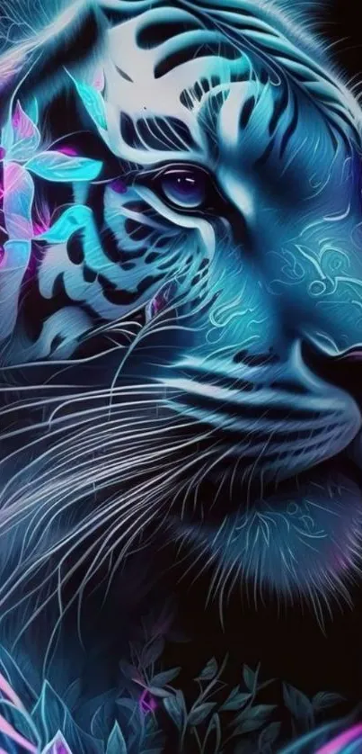 Neon tiger with floral accents on a dark background.