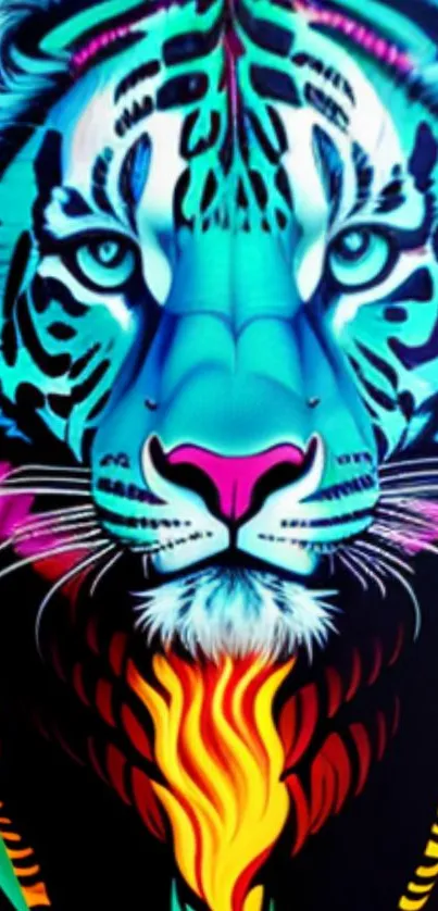 Vibrant neon tiger art on a colorful mobile wallpaper.