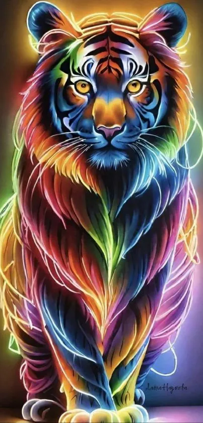 Colorful neon tiger artwork with a vibrant rainbow design.