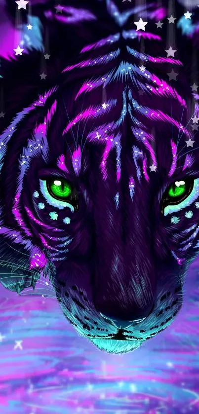 Neon tiger with green eyes in a vibrant, mystical purple design.