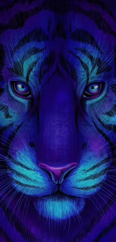 Neon tiger face artwork in vibrant blue colors, perfect for mobile wallpaper.