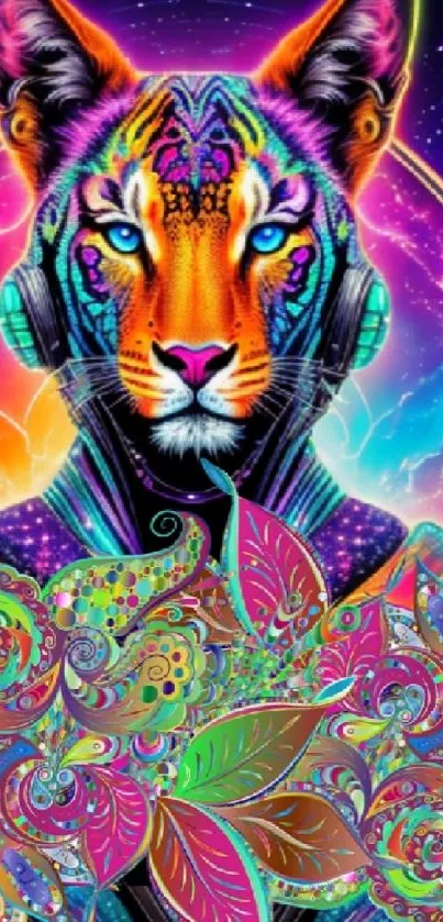 Neon tiger with cosmic and psychedelic patterns in vibrant colors.