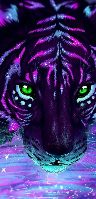 Neon tiger close-up with glowing eyes.