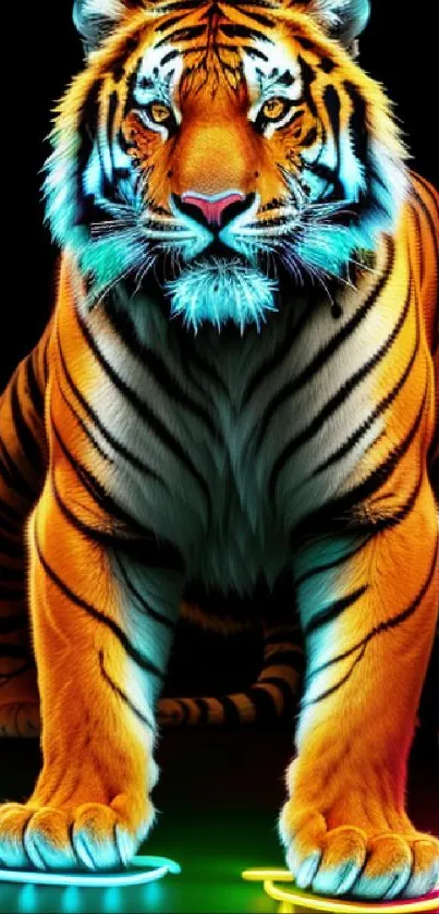 Vibrant neon tiger with glowing paws on mobile wallpaper.