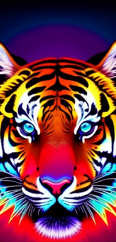 Vibrant neon tiger face with striking colors and artistic design.