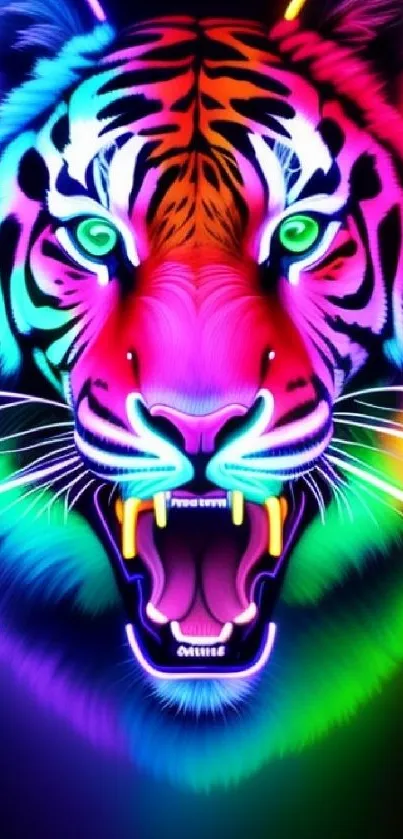Vibrant neon tiger head wallpaper with colorful glow.