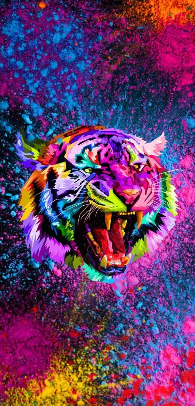 Vibrant neon-colored tiger on dark background.