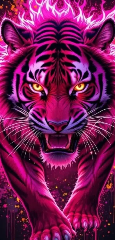 Neon tiger with fiery pink hues art wallpaper.