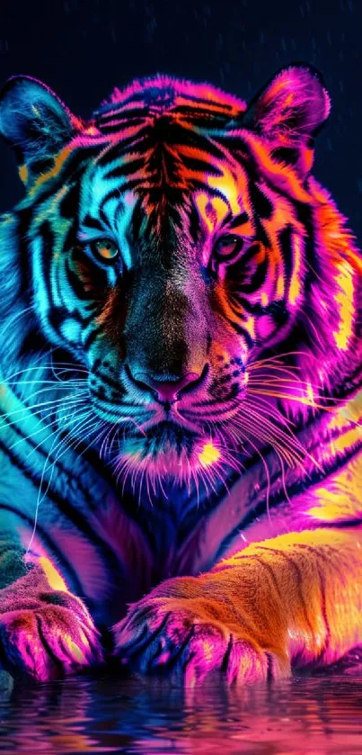 Colorful neon tiger reflecting in water, vibrant design.