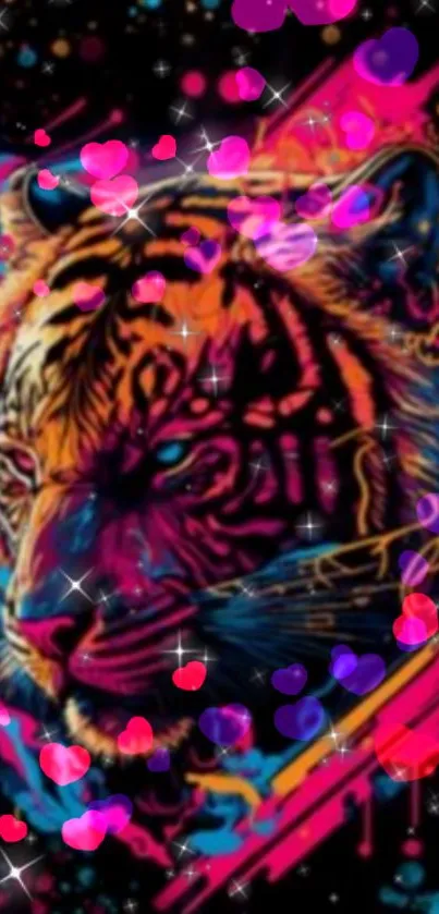 Neon tiger with heart accents in vibrant colors on black background.