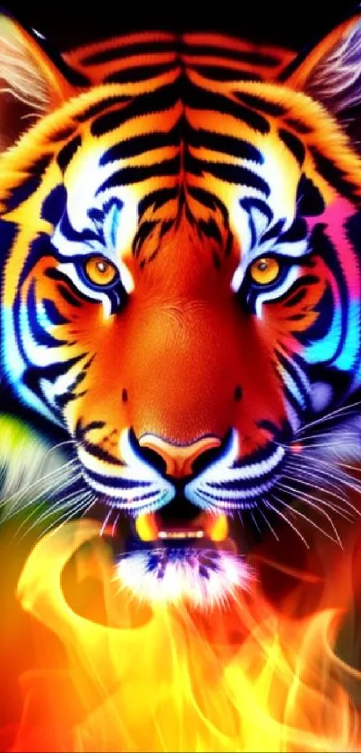 Vibrant neon tiger head art with colorful shades in a dark background.