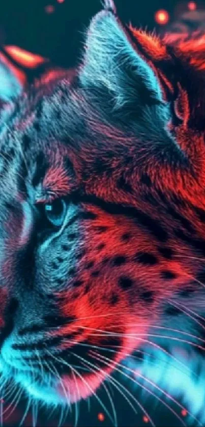 Neon tiger portrait with vibrant red and blue hues.