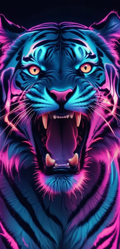 A vibrant neon tiger roaring with bright blue and pink colors in digital art style.