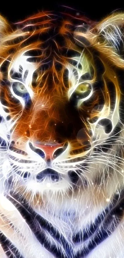 Vibrant neon tiger against a black background.